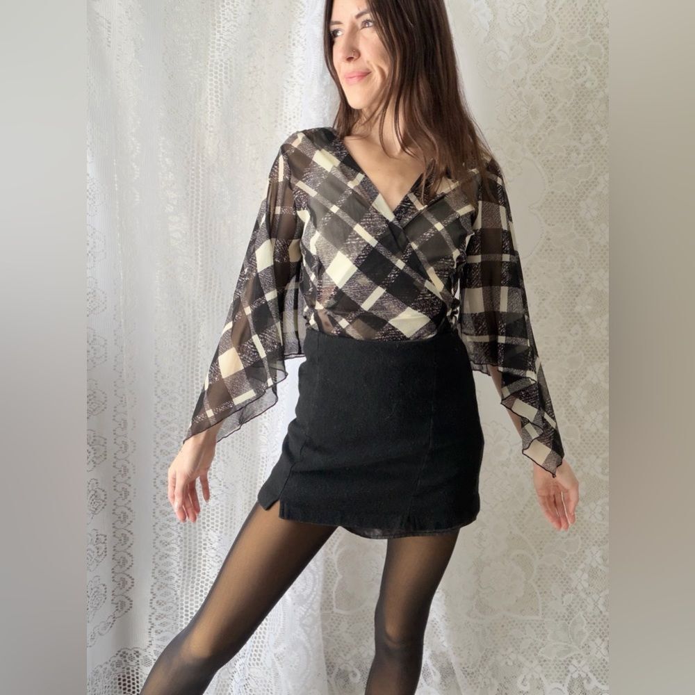 Y2K Sheer Plaid Wrap Top Bell Sleeve Tie Front 2000s - Picture 2 of 16